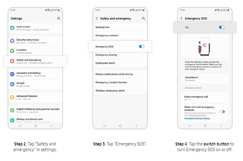 Samsung montre comment désactiver le SOS d'urgence, mais les téléphones Samsung n'ont apparemment pas le "Allumé éteint" interrupteur en haut. 