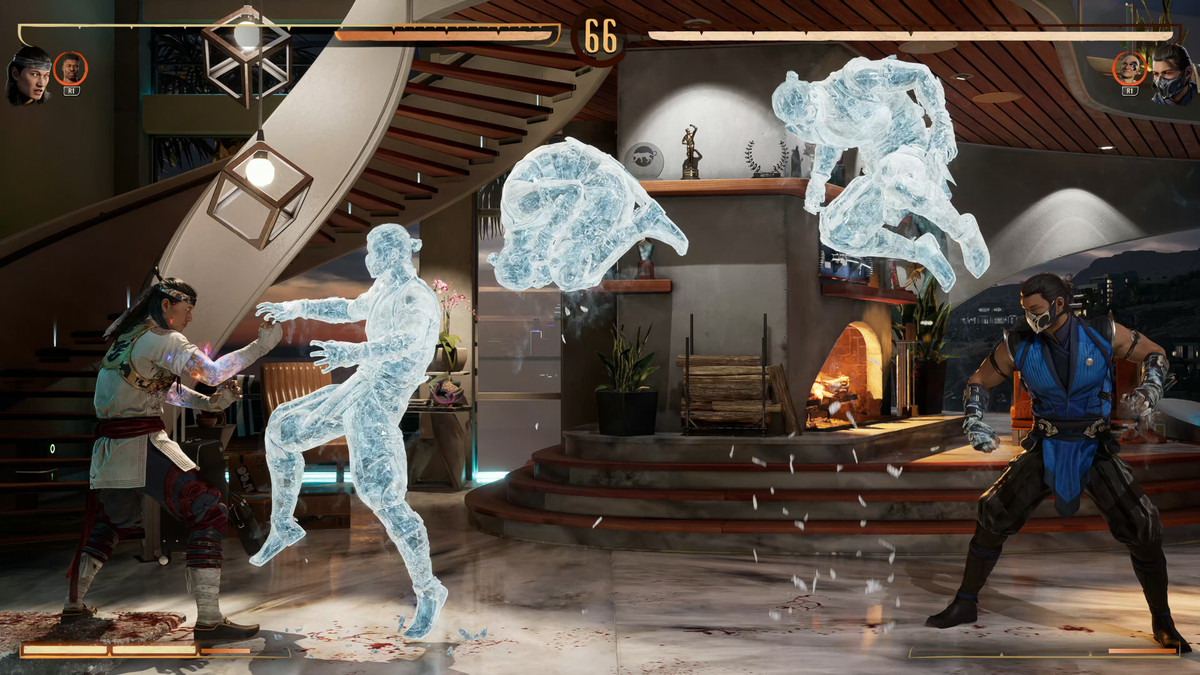 Utilisation de Sub-Zero et attaque de glace qui laisse une ombre glacée de l'endroit où il s'est retourné et a sauté dans Mortal Kombat 1. 