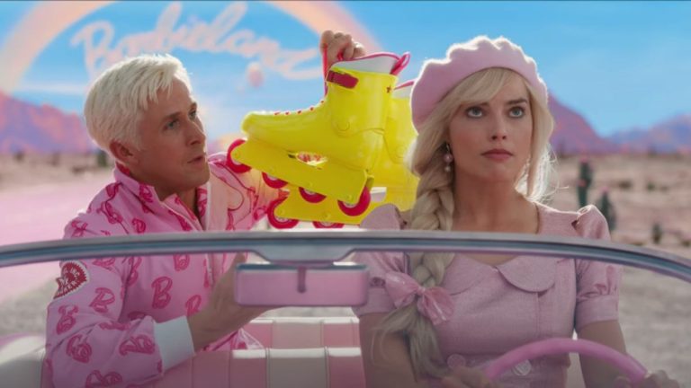 from left to right: Ryan Gosling as Ken holding roller skates and Margot Robbie driving the car as Barbie