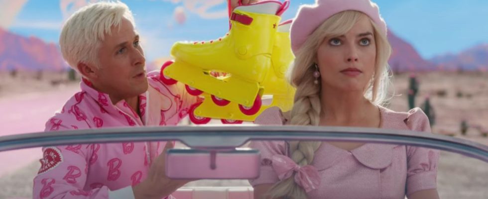 from left to right: Ryan Gosling as Ken holding roller skates and Margot Robbie driving the car as Barbie