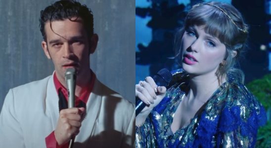 From left to right: Matt Healy in Happiness music video performing with The 1975 and Taylor Swift singing at the Grammys.