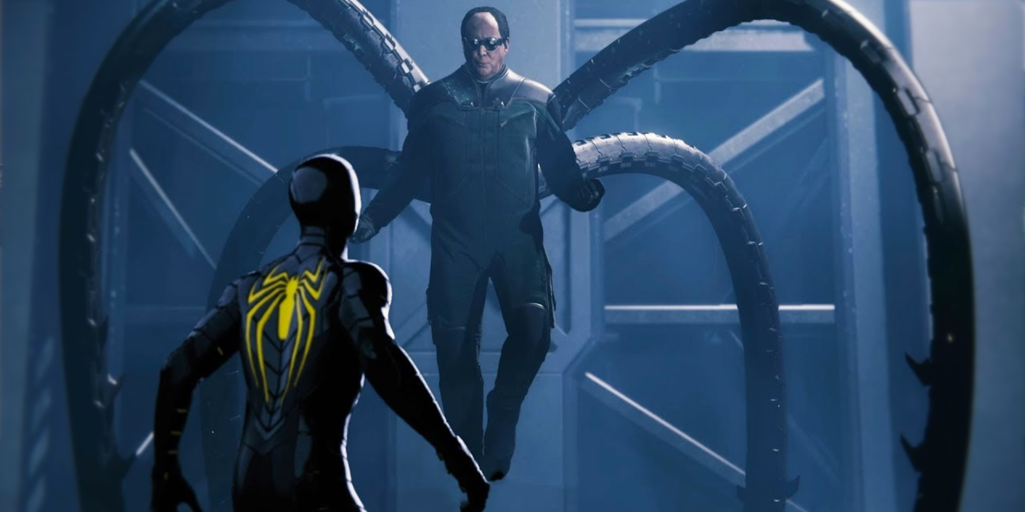 Doc Ock se soulève avec ses quatre bras mécaniques face à Spider-Man