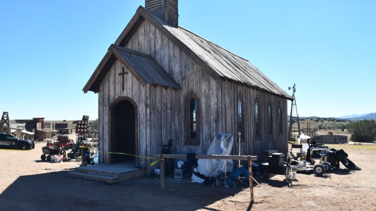 The church building on the set of Rust, surrounded by film equipment.