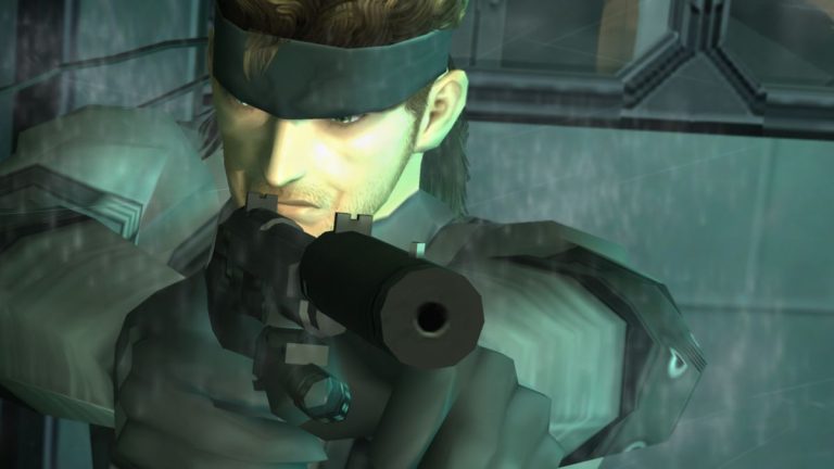 Solid Snake, pointing his silenced pistol.