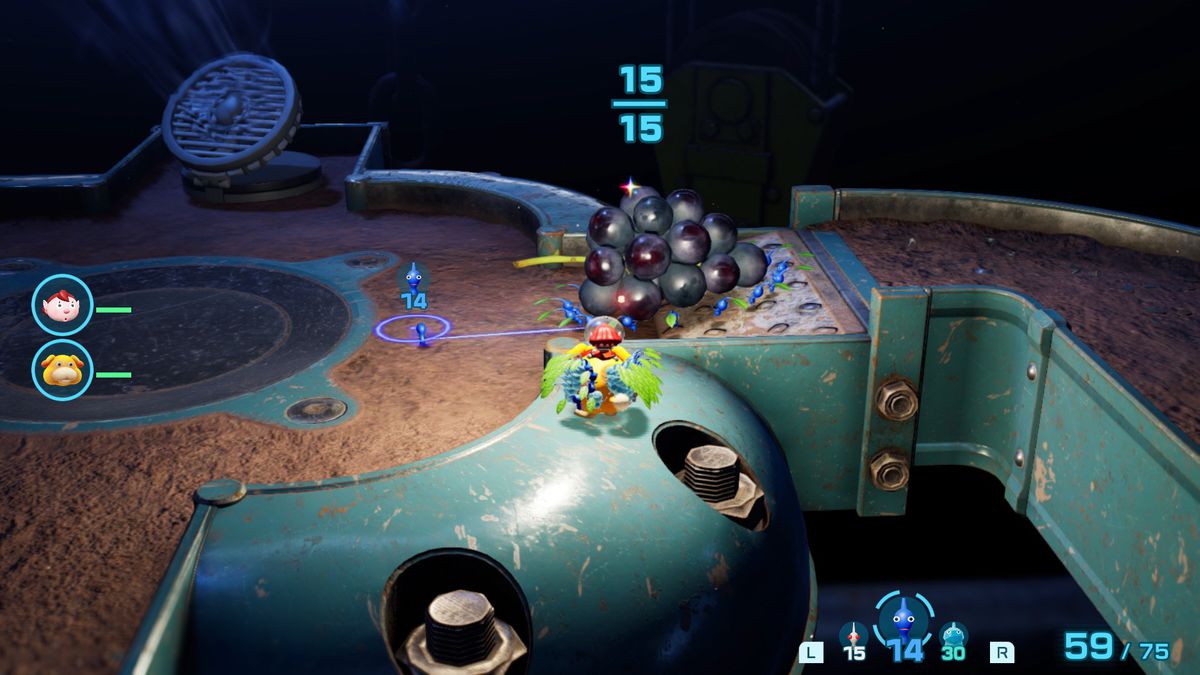 Un niveau souterrain dans Pikmin 4, montrant Oatchi portant un essaim de Pikmin sur son dos