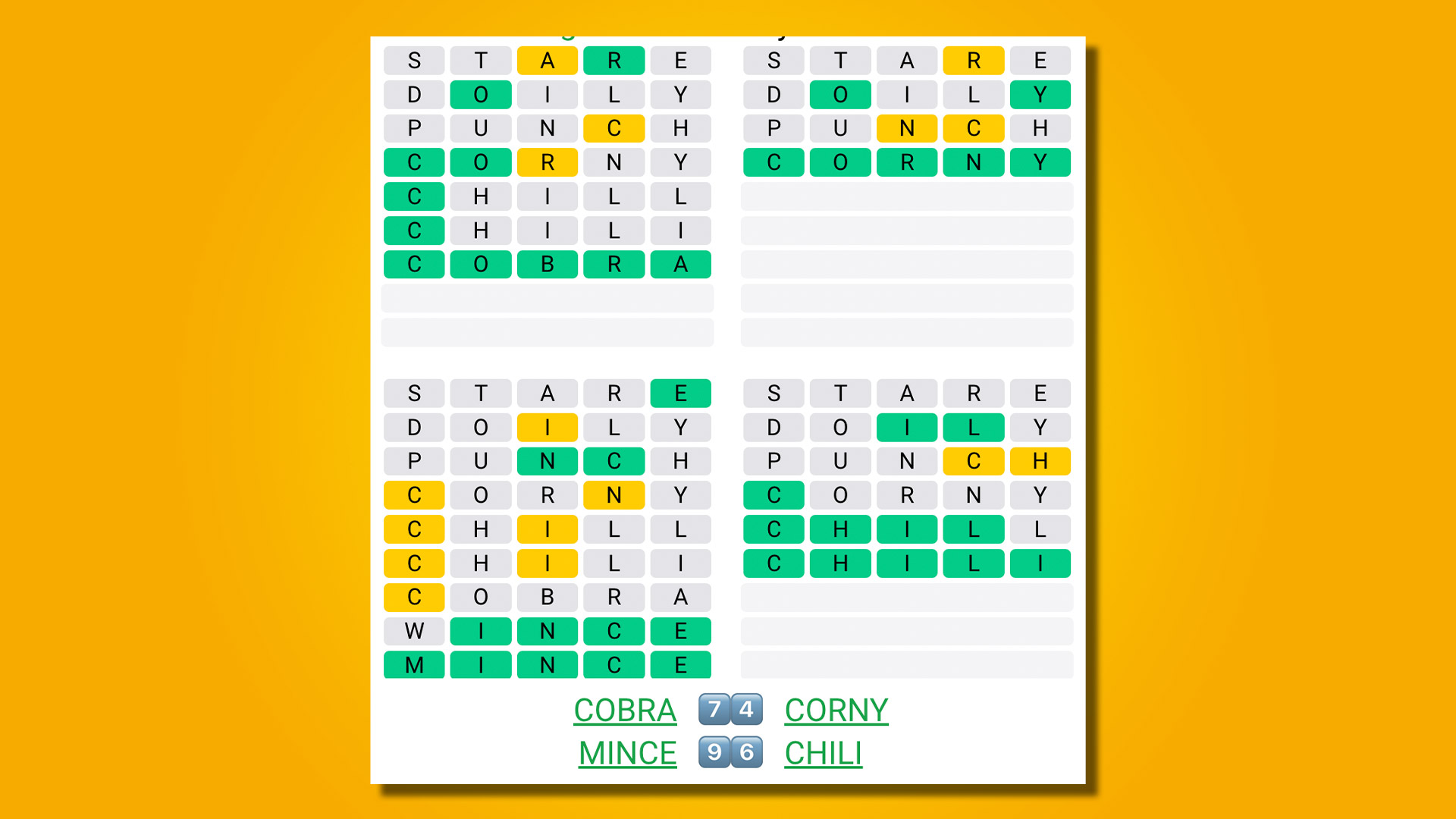 Quordle répond au jeu 507 sur fond jaune