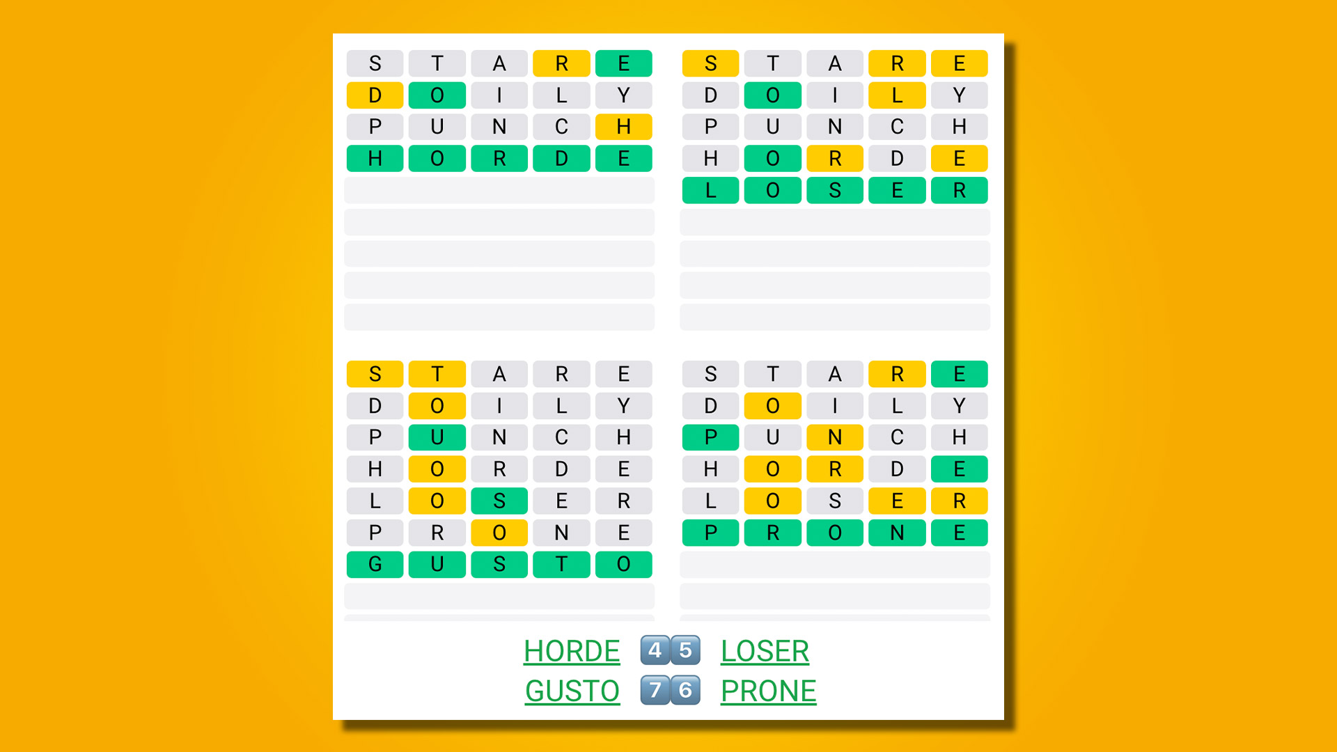 Quordle répond au jeu 511 sur fond jaune