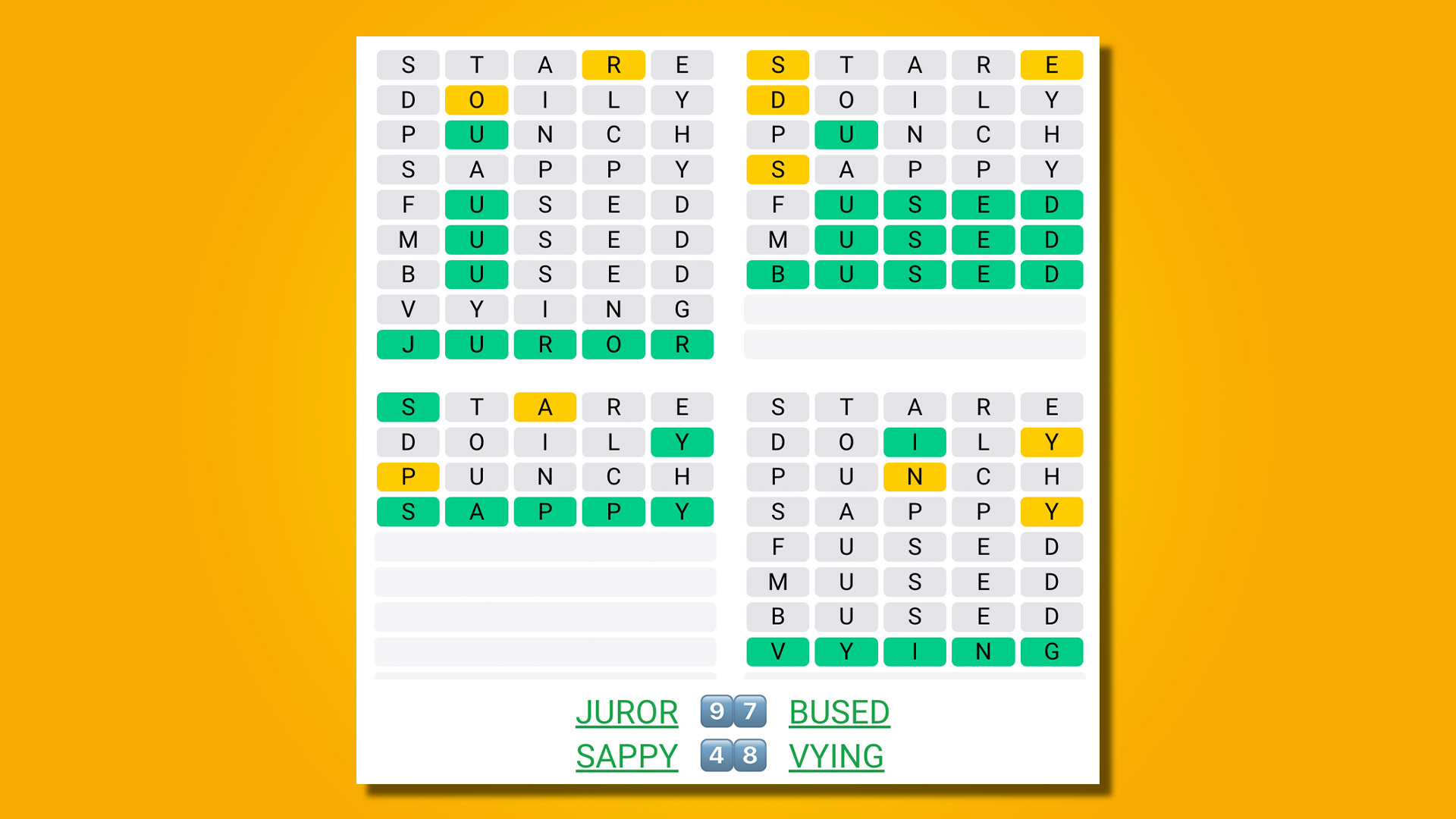 Quordle répond au jeu 509 sur fond jaune