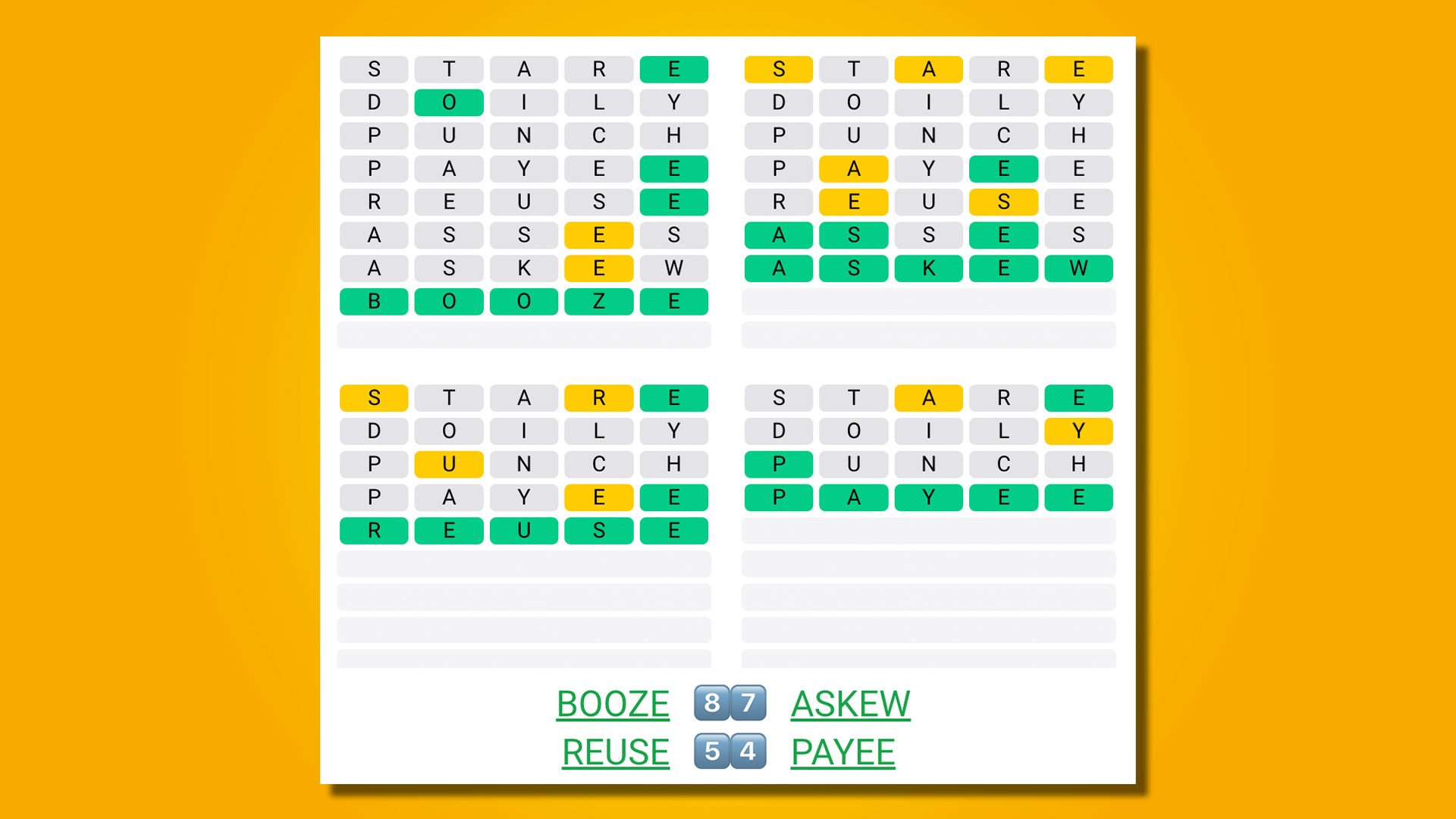 Quordle répond au jeu 495 sur fond jaune