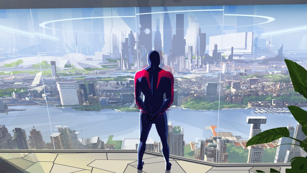 A visual development image with Miguel O’Hara/Spider-Man 2099 overlooking Nueva York on Earth 928 for Columbia Pictures and Sony Pictures Animations’ SPIDER-MAN™: ACROSS THE SPIDER-VERSE. Credit: Patrick O'Keefe, Production Designer