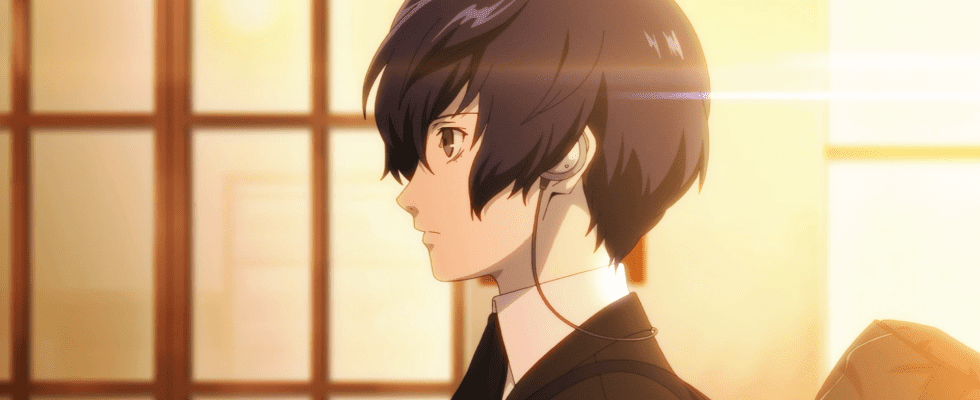 All Voice Actors in Persona 3 Reload, main character Makoto Yuki in profile against windows through which shine the setting sun.