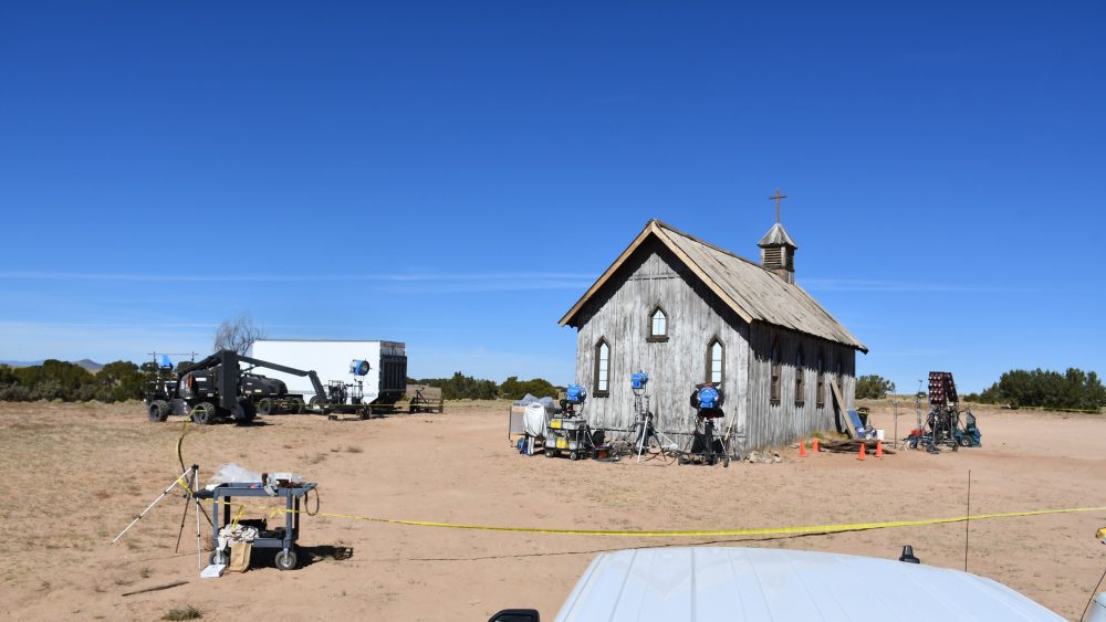 The church building at the Bonanza Creek Ranch, on the set of "Rust," with filming equipment.