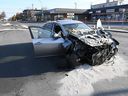 Le conducteur de cette Hyundai Genesis 2009 grise a abandonné sa voiture sur les lieux d'une collision mortelle à Ahuntsic-Cartierville aux premières heures du dimanche 8 novembre.