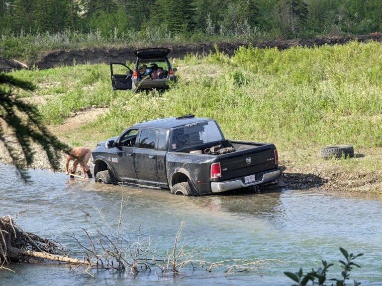 Un homme nu tente de déterrer un camion coincé dans le lit d’une rivière près d’un parc de Calgary