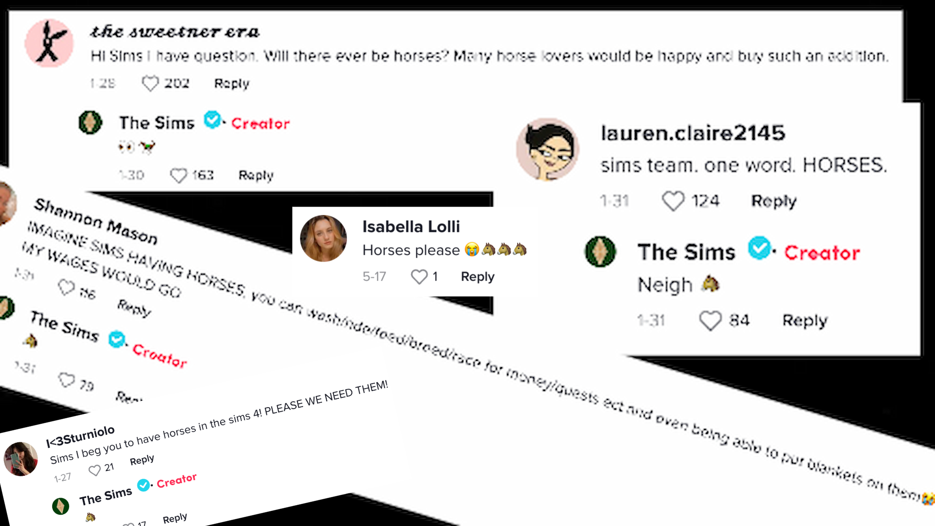 Plusieurs captures d'écran tirées d'une vidéo TikTok Sims dans laquelle les fans posent des questions sur les chevaux qui arrivent dans le jeu et EA répond avec des emojis de chevaux