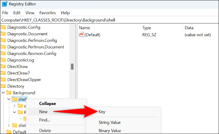 Sélectionnez Nouveau > Clé. » width= »730″ height= »448″ src= »/pagespeed_static/1.JiBnMqyl6S.gif » onload= »pagespeed.lazyLoadImages.loadIfVisibleAndMaybeBeacon(this); » onerror= »this.onerror=null;pagespeed.lazyLoadImages.loadIfVisibleAndMaybeBeacon(this); »/></p>
<p>Cliquez avec le bouton droit sur le nouveau <code>Notepad</code> clé et choisissez Nouveau > Clé. Utiliser <code>command</code> comme nom de clé.</p>
<p><img loading=