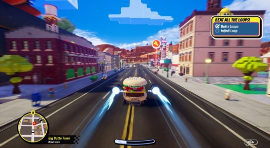 A burger car racing down a city street in Lego 2K Drive.