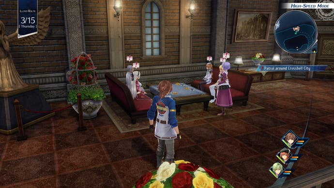 La capture d'écran de la revue The Legend of Heroes: Trails into Reverie, Lloyd Bannings, s'approche d'un groupe de personnes dans un hôtel de ville.