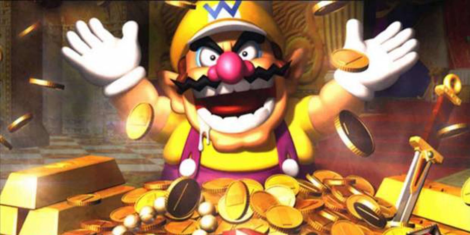 Wario lance des pièces d'or en l'air dans Wario World