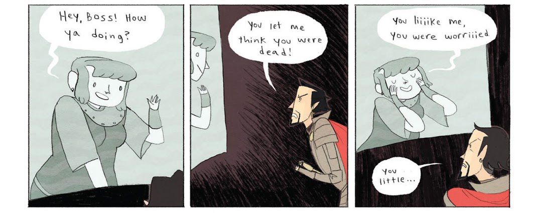 Dans une série de trois panneaux tirés du webcomic original Nimona, le personnage principal - une fille rousse vêtue d'une tunique parle au chevalier voyou Ballister depuis un écran high-tech.  Dialogue : 