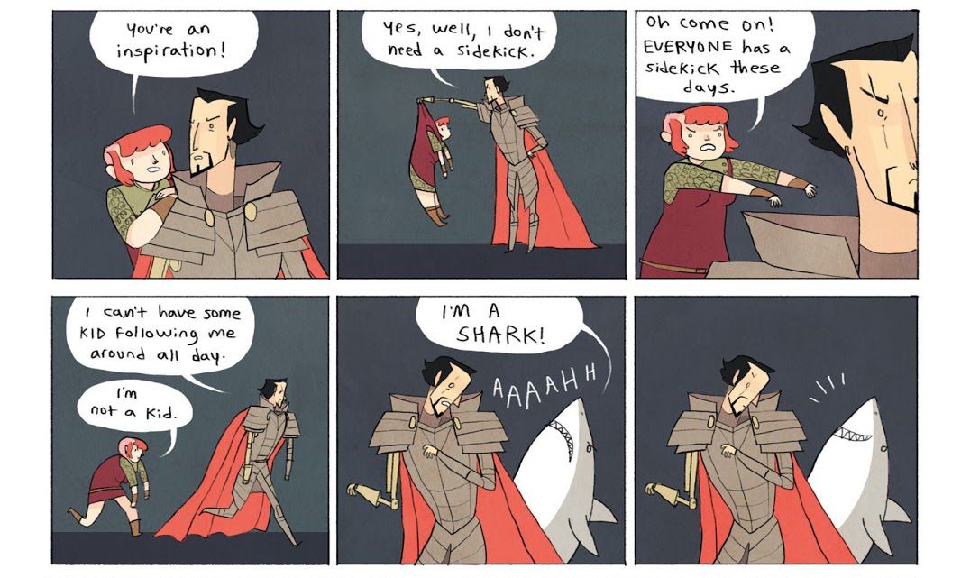 Dans une série de six panneaux tirée de la bande dessinée originale de Nimona, la jeune métamorphe aux cheveux roux Nimona se dispute avec le chevalier blindé Ballister.  Dialogue : 