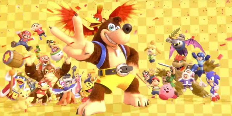 Banjo and Kazooie pose in front of other characters from Super Smash Bros.