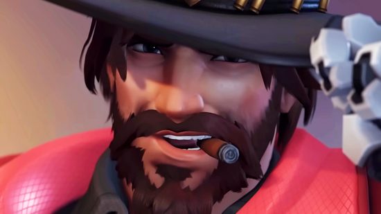 Overwatch 2 - le cow-boy Cassidy lève son chapeau en mordant un cigare.