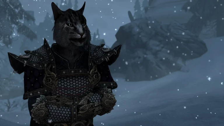 Skyrim: A Khajiit character on a snowy hill.