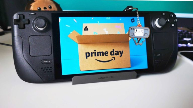 Steam Deck connected to dock with Prime Day box on screen and mascot dangling from charging connector