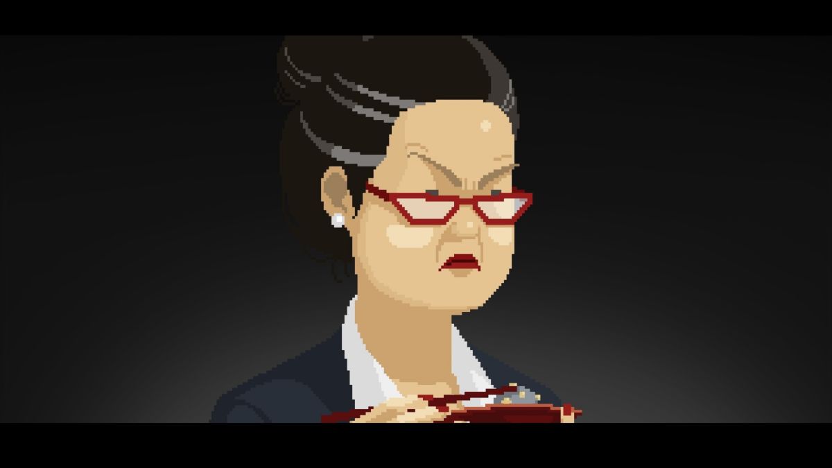 A woman with glasses scowls