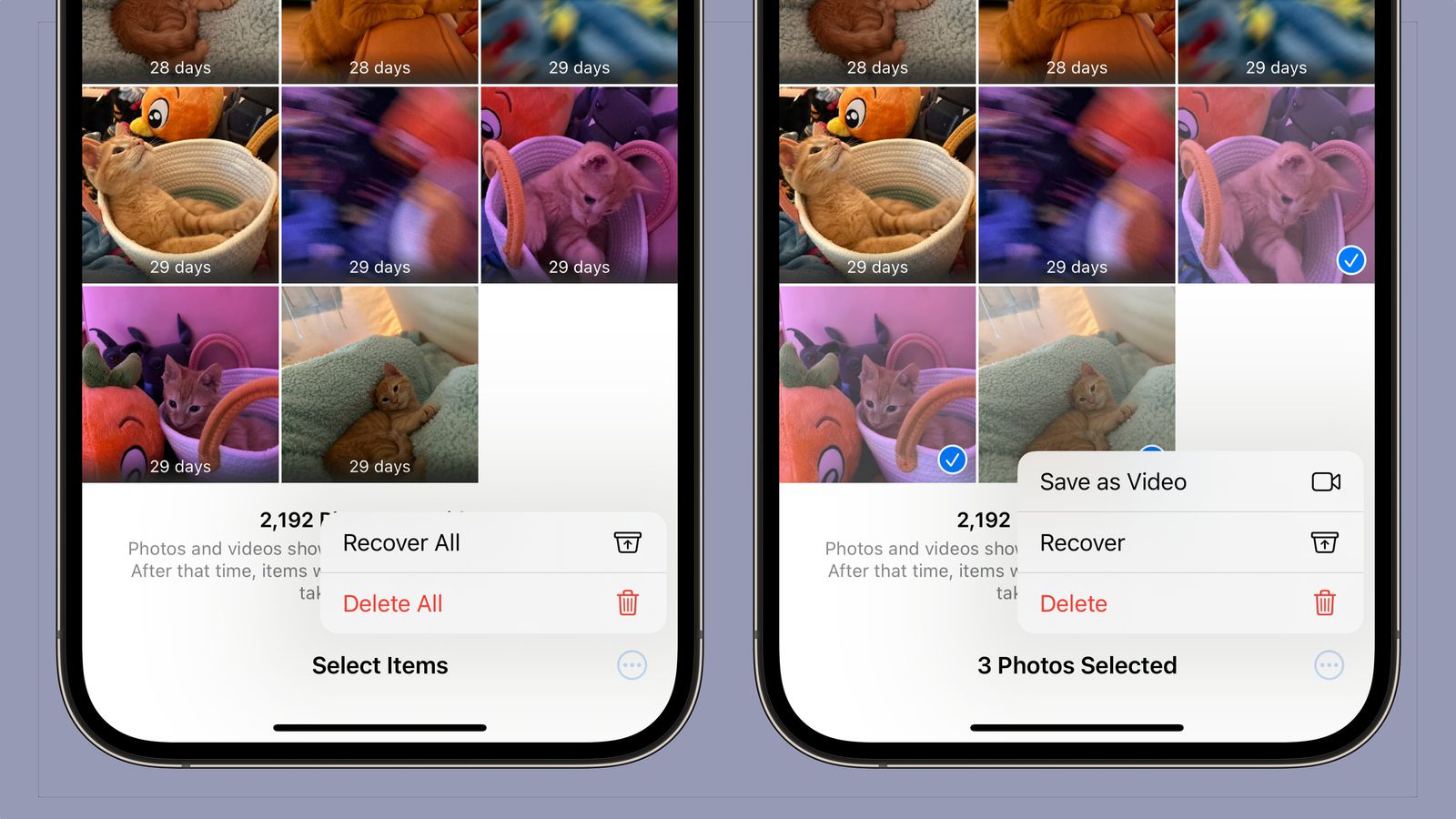 Capture d'écran de la version bêta 3 du développeur iOS 17, montrant le nouveau menu dans l'album Récemment supprimés de l'application Photos