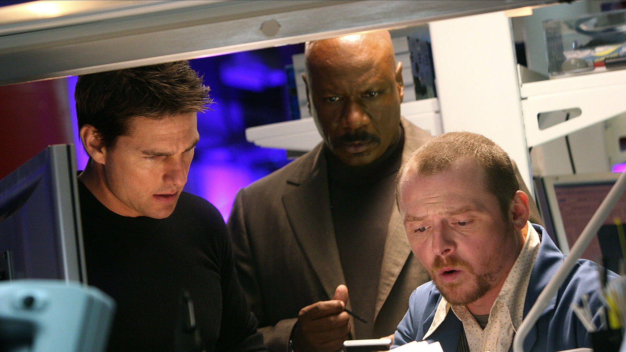 (De gauche à droite) Tom Cruise dans Ethan Hunt, Ving Rhames dans Luther Stickell et Simon Pegg dans Benjamin 