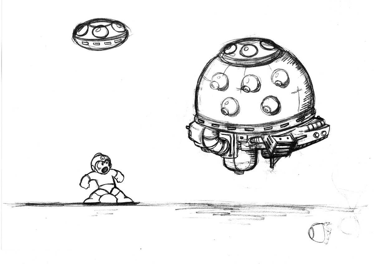 Un croquis au crayon montre Mega Man debout à côté d'un ennemi flottant