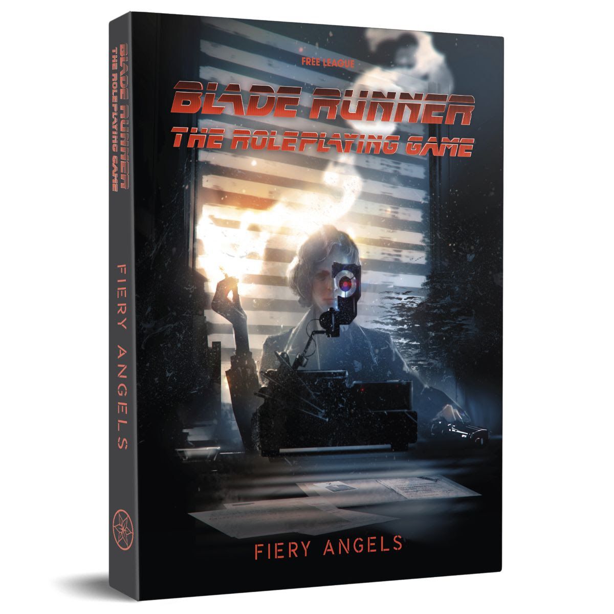 Un rendu du livre Fiery Angels pour Blade Runner le TTRPG montre une femme derrière une machine voit kamph en train de fumer une cigarette.