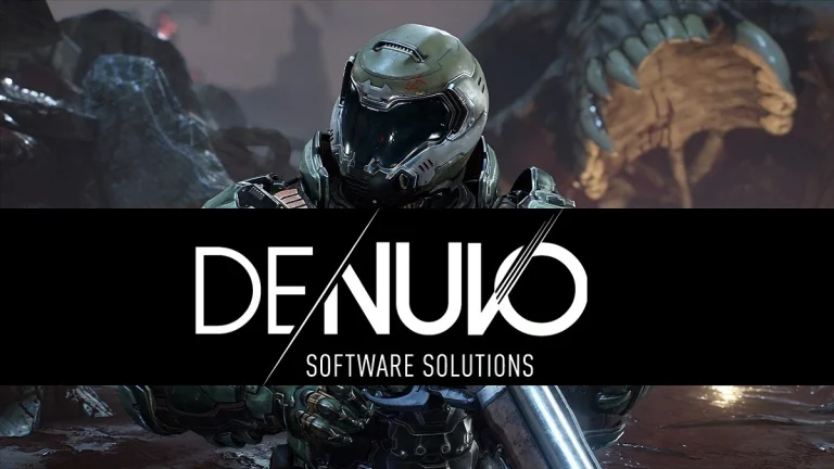 Denuvo logo with the Doom Slayer behind it.