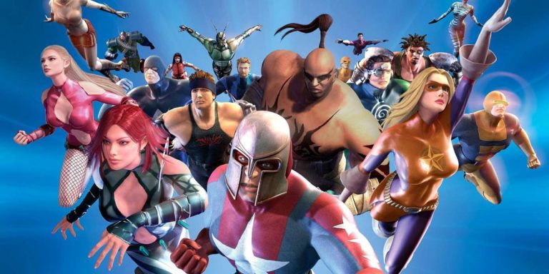 City of Heroes art depicting several fantastical heroes surging towards the camera.