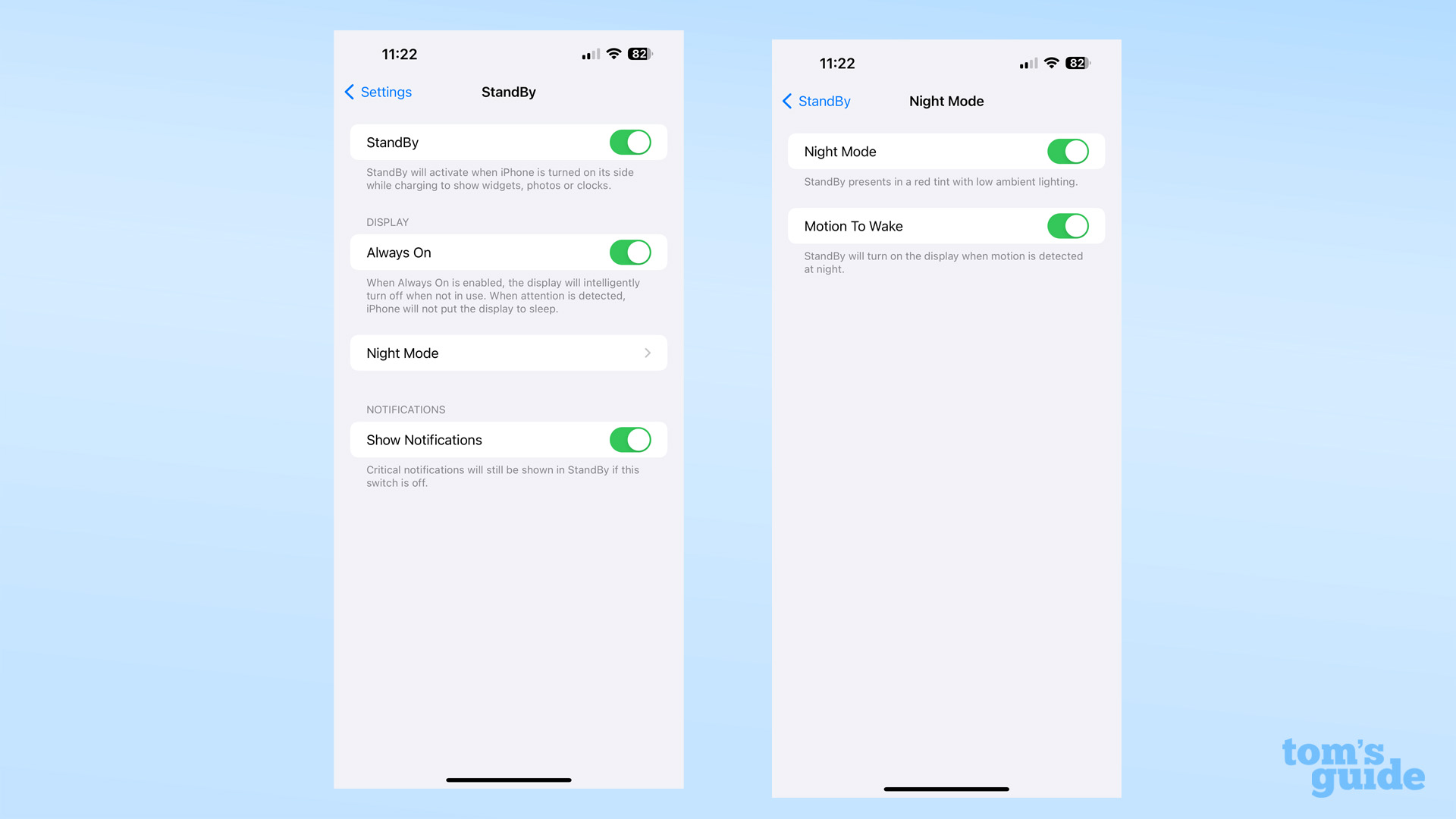 Deux captures d'écran montrant les options StandBy dans iOS 17