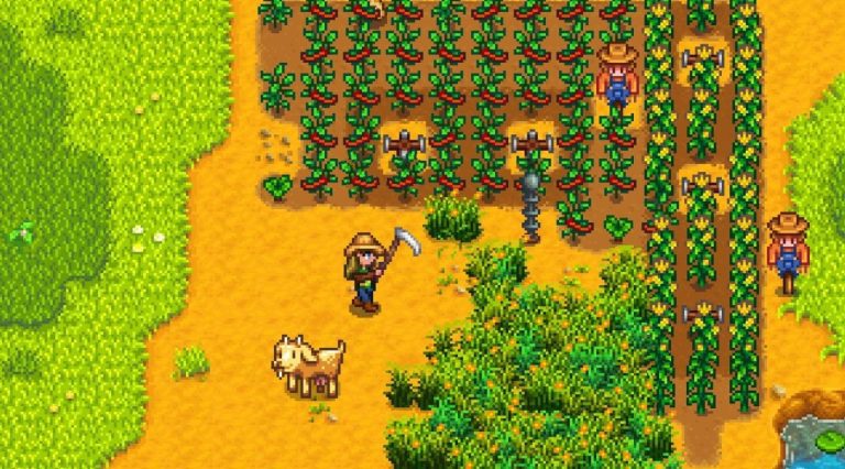 Stardew Valley - a player swings a scythe at a patch of grass near a field of peppers and a goat