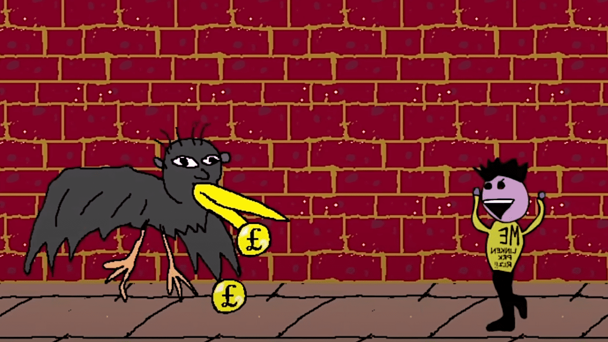 Jerry Jackson engages in deadly battle with a Manky Bird amidst a red brick background. There are pound coins, which have dropped from the fell beast after Jerry stomped on its head.