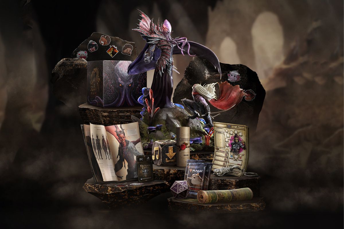 Une image qui affiche ce qui est inclus avec l'édition collector de Baldur's Gate 3. Il contient une copie numérique du jeu, une feuille d'autocollants personnalisés, un diorama de combat Mind Flayer contre Drow de 25 cm, un livre d'art à couverture rigide de 160 pages, une carte en tissu de Faerûn, un ensemble de fiches de personnages d'origine inspirées de D&D, un porte-clés en métal têtard, un booster Magic: The Gathering, un d20 en métal gravé sur mesure et un certificat d'authenticité, le tout dans un collector inspiré de flayer mental boîte.