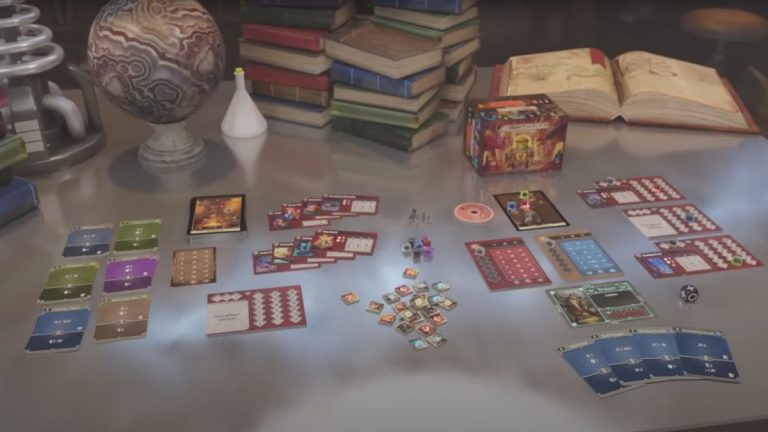 Gloomhaven: Buttons & Bugs components laid out on a table, with science equipment around it