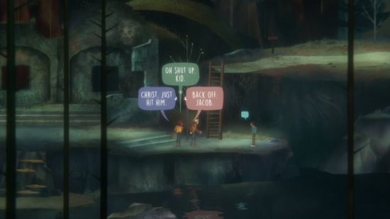 Examen d'Oxenfree 2: Riley et Jacob affrontent l'un des adolescents, avec des options de dialogue au-dessus de la tête de Riley encourageant Jacob à reculer ou à donner un coup de poing.