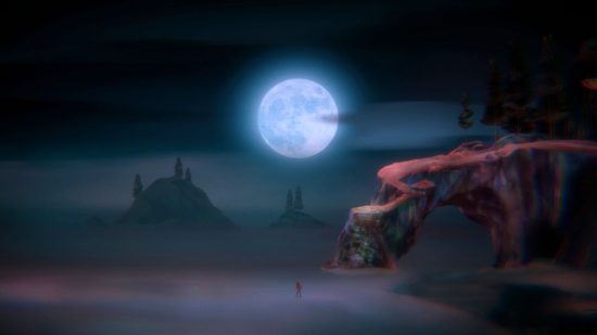 Examen d'Oxenfree 2 : Riley se tient maladroitement, comme si elle était possédée, sur une plage désolée avec la pleine lune brillant au-dessus de sa tête.