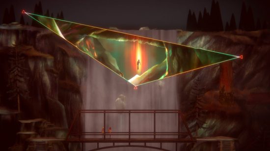 Examen d'Oxenfree 2: L'un des adolescents est suspendu dans les airs, tenu à la lumière de The Sunken qui émerge de la faille triangulaire au-dessus d'un pont sous le regard de Riley et Jacob.