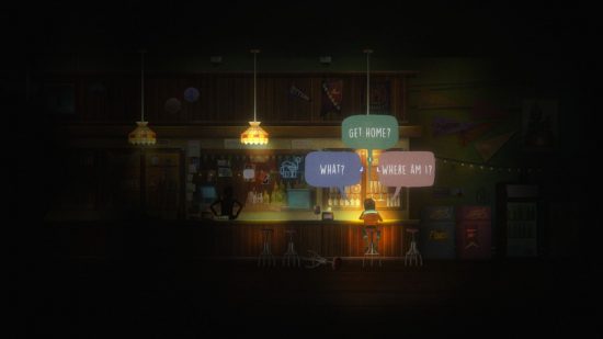 Examen d'Oxenfree 2: Riley est assise dans un bar de plongée miteux, les options de dialogue exprimant sa confusion alors qu'un barman ténébreux se tient à proximité, les mains sur les hanches.