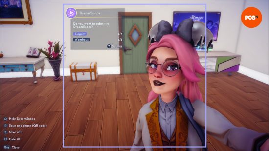 Une entrée potentielle pour Dreamlight Valley DreamSnaps, montrant les exigences et combien ont été remplies, alors qu'un personnage aux cheveux roses se tient dans une pièce élégamment décorée.