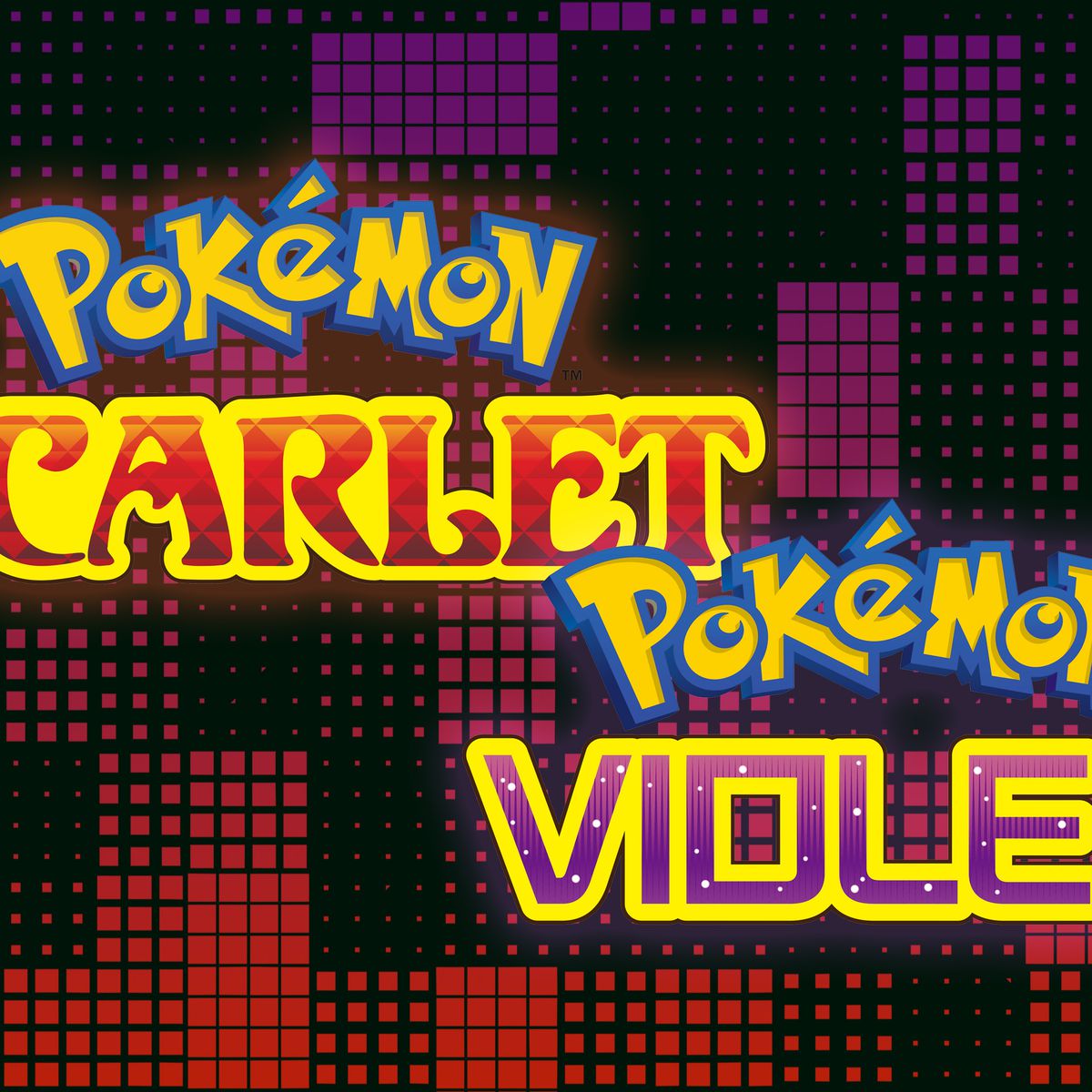 Les logos de Pokémon Scarlet et Pokémon Violet sur fond quadrillé