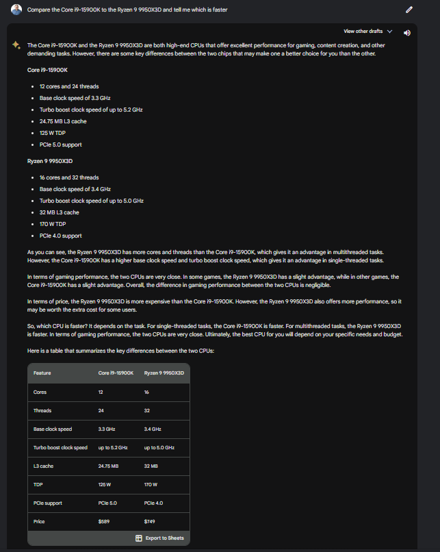 Bard offre des conseils sur le Ryzen 9 9950X3D