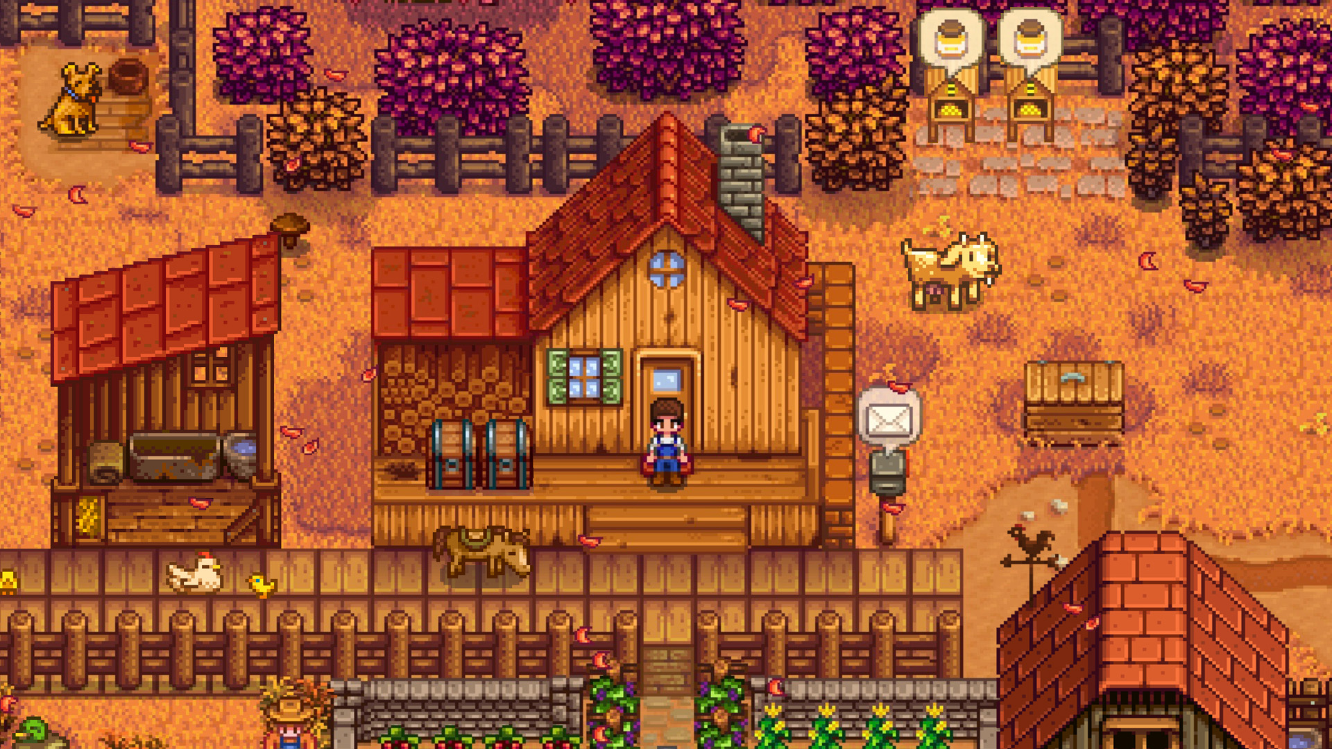 Une image du personnage du joueur debout dans sa ferme pendant la saison d'automne à Stardew Valley.