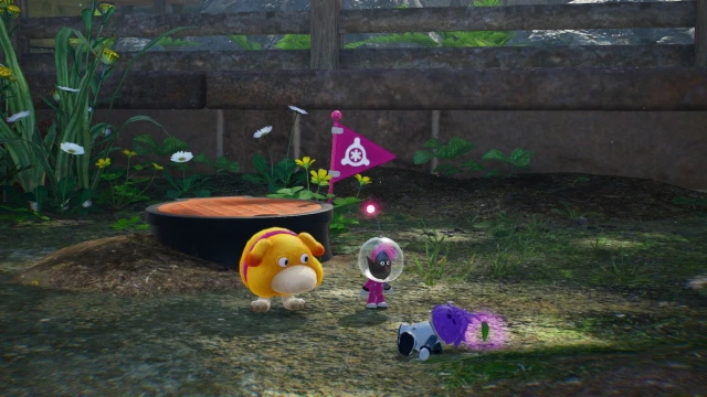 Oatchi et Leafling dans Pikmin 4.